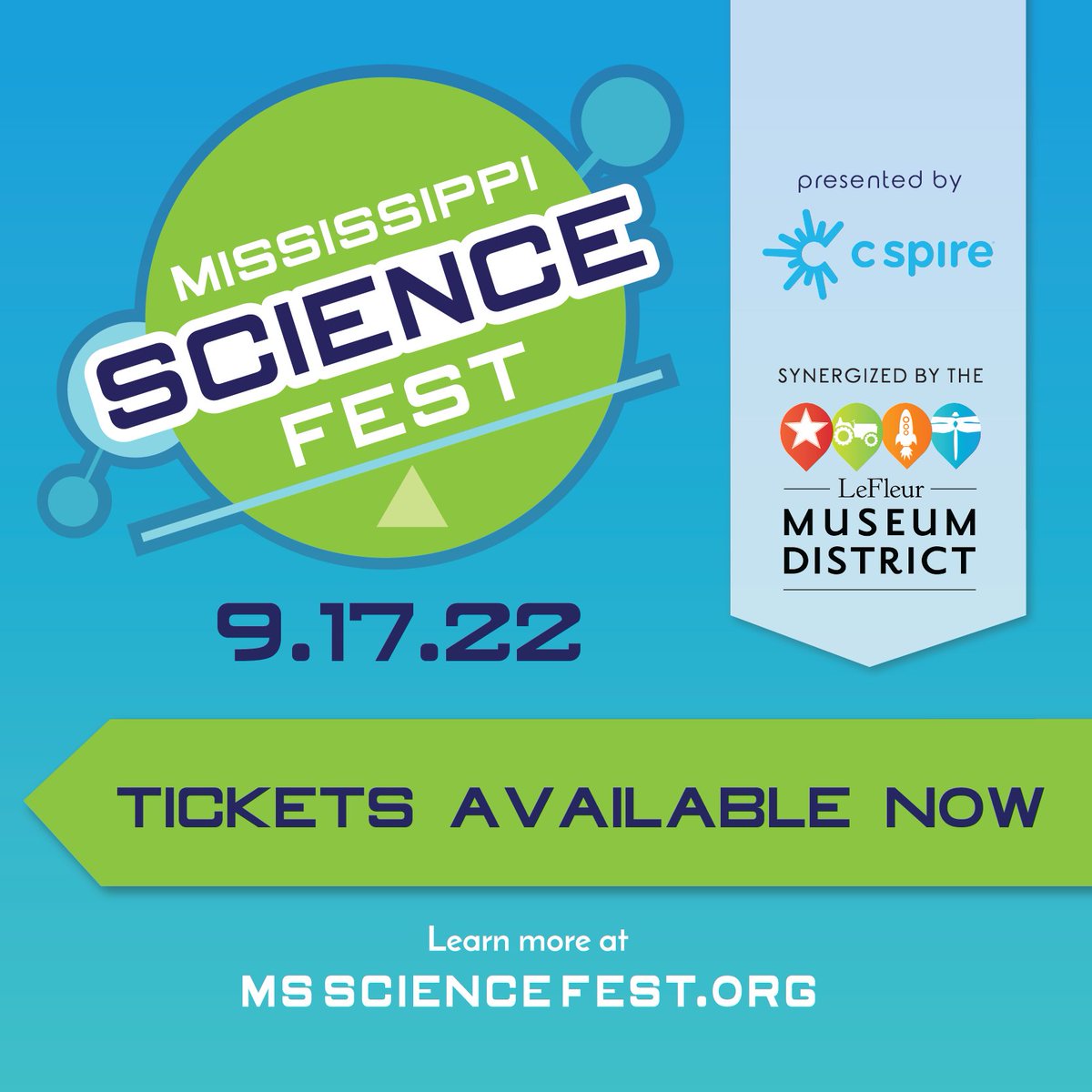 mssciencefest's tweet photo. Tickets are LIVE for the 7th Annual Mississippi Science Fest! π This event, hosted in the LeFleur Museum District on Sept. 17, showcases STEM in MS, and grants you access to ALL FOUR museums in the LMD for only $10! π
Purchase tickets at https://t.co/jkaSZ34Qc4! #mssciencefest https://t.co/cCMXlEgR9y