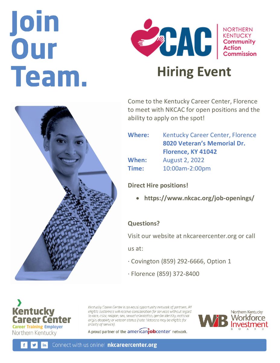 <a href="/NKyComAction/">NKCAC</a> has job openings! Want to learn more? Stop by our KCC in Covington or Florence this week to speak to their hiring representative &amp; apply on the spot. Don't forget to share with friends &amp; family who may be looking for a new career.  #hiring #careers #nkyworkforce