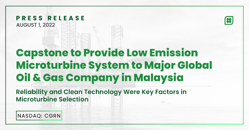 CapstoneEnergy's tweet photo. 📢 @CGRNEnergy (NASDAQ: $CGRN) to Provide Low Emission Microturbine System to Major Global Oil & Gas Company in Malaysia.
#OilandGas #Offshore #C200S #Microturbine #EnergySolutions #PrimePower #NaturalGas #Malaysia