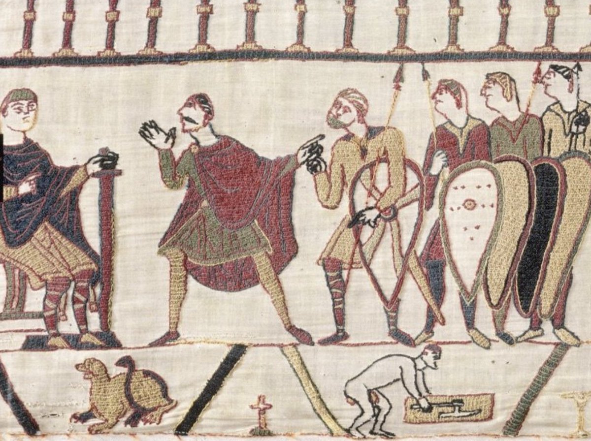 After Boris Johnson says his removal is ‘the biggest stitch-up since the Bayeux Tapestry’, historians discover a section that shows his cabinet urging him to quit while Rishi Sunak clears his desk in the office below.