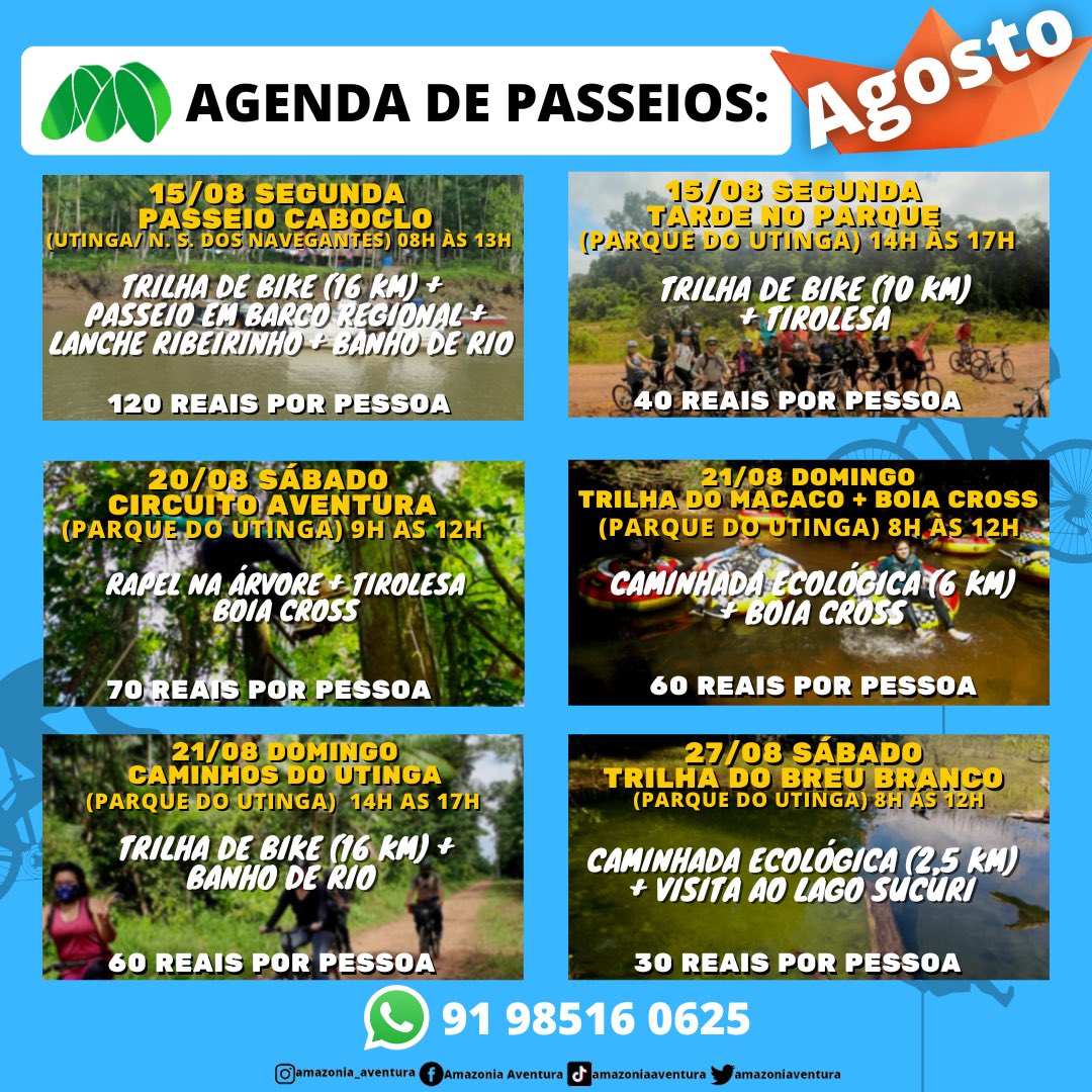Amazoniaventura's tweet photo. Novo calendário de trilhas de agosto!

#amazoniaaventura #parquedoutinga #parquedosigarapes #trilhautinga #rapelutinga #tirolesautinga #boiacrossutinga https://t.co/yx5aY5NOZw