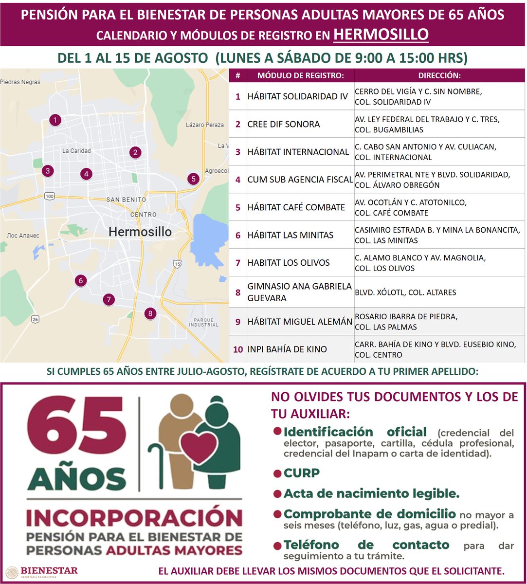 MelitonSanchezD's tweet photo. Hola #Hermosillo, #PasaLaVoz 🔊

A partir de hoy y hasta el 15 de agosto se lleva a cabo el registro a la #PensiónAdultoMayor para quienes cumplieron 65 años o más entre JULIO y AGOSTO. 👴🏼👵🏽🧓🏻

hilo 1/3 👇 https://t.co/BQoBN5hfHr