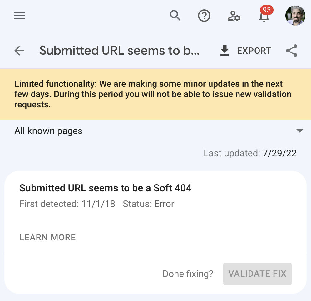 Google Search Console validate fix for coverage report is not working right now, because of some minor updates being done to the reports... seroundtable.com/google-search-… via <a href="/VijayChauhanSEO/">Vijay Chauhan 📈</a>