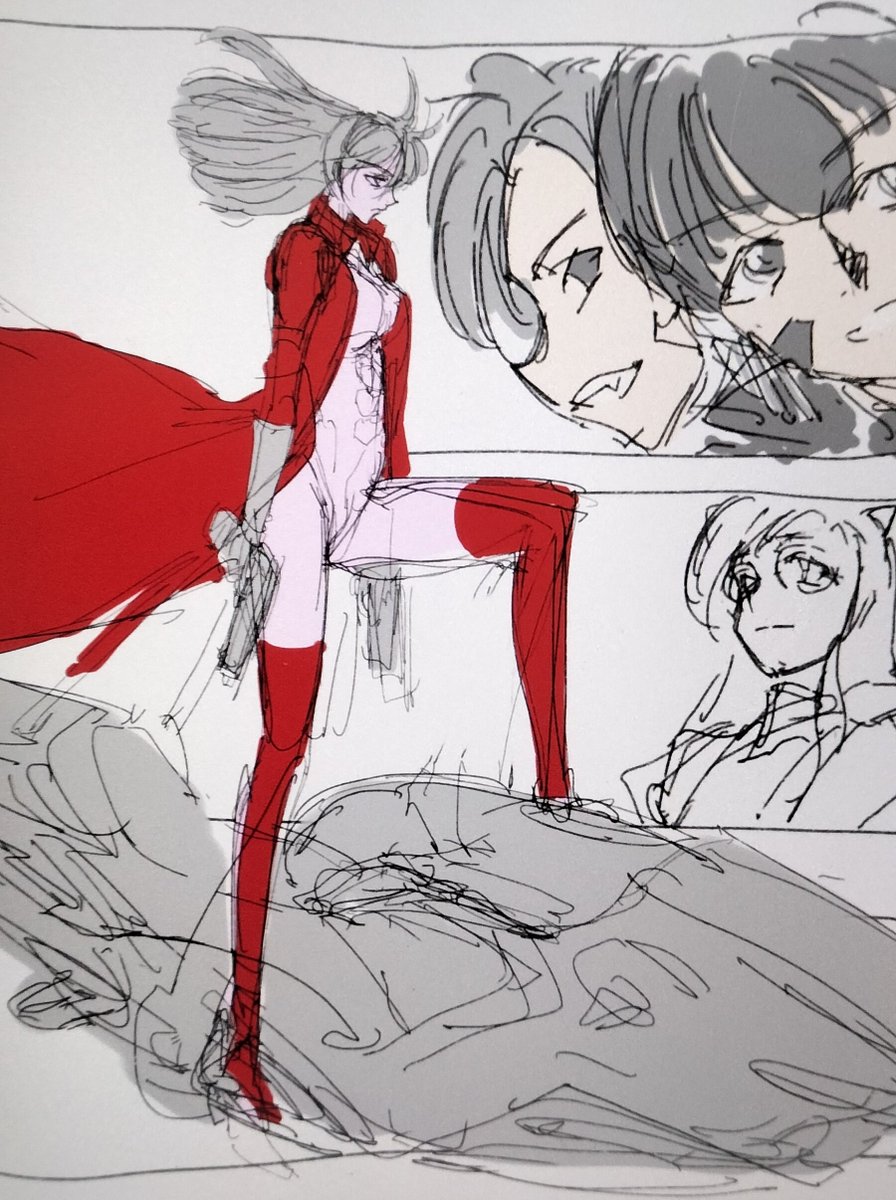 #これを見た人はよその子の画像を貼れ
まだラフの段階ですがACE-kowさんの作品からマリアさんとレッドコートさん(レッドコートさんは縦長にトリミングしてレッドコートの赤が引き立つように背景のキャラは白黒にしようと思います) 