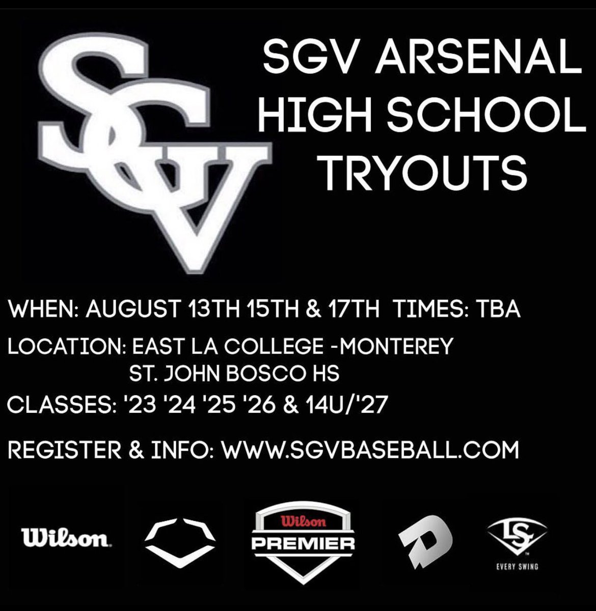 SGV Arsenal tryouts

Sign up online SGVBASEBALL.com