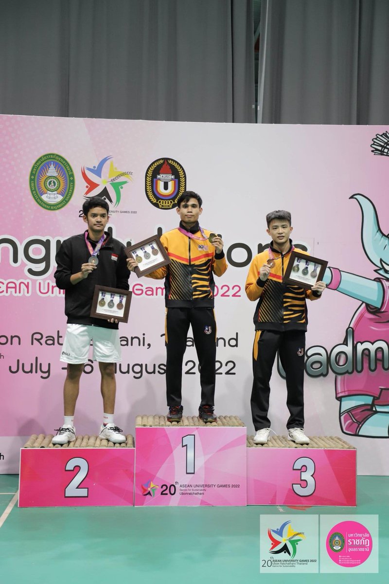 BadmintonTalk's tweet photo. ASEAN University Games 2022 - Men’s Singles

🥇Faiz Rozain (MAS)
🥈M. Rafi Zafran Ferary (INA)
🥉Tai Chuan Zhe (MAS)

#AUG2022 https://t.co/A0944zYO8R