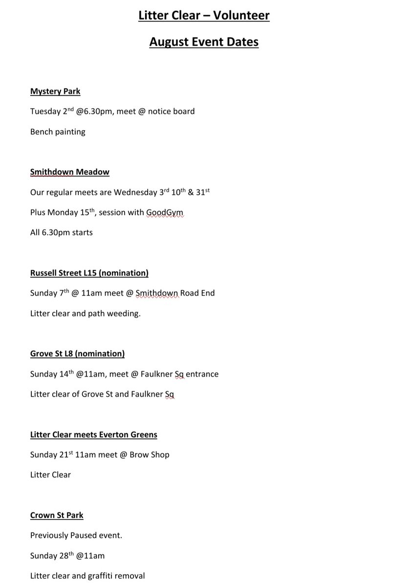 August Event dates 
<a href="/PennyLnWombles/">PennyLaneWombles</a> <a href="/MHowie81/">Mark</a> <a href="/Richard8266/">Richard Byrne</a> @VictoriaHowkins <a href="/LoveWavertree/">LoveWavertree</a> @LiverpoolSOUP <a href="/GoodGymLpool/">GoodGym Liverpool 🏃🏼‍♀️🏃🏽‍♂️🏃🏾‍♀️</a> @EvertonGreens <a href="/JayRoberts86/">Jay Roberts 🌹</a> <a href="/CllrNickSmall/">Councillor Nick Small‏</a> @TellyElk <a href="/WillC1976/">WillChambers</a> @katmagster @LivToolLibrary @karlfischer_biz @STIHL_GB <a href="/URBANHYGIENE/">ANTI GRAFFITI PAINT</a> <a href="/LifestylesGym/">Lifestyles Fitness Centres</a>