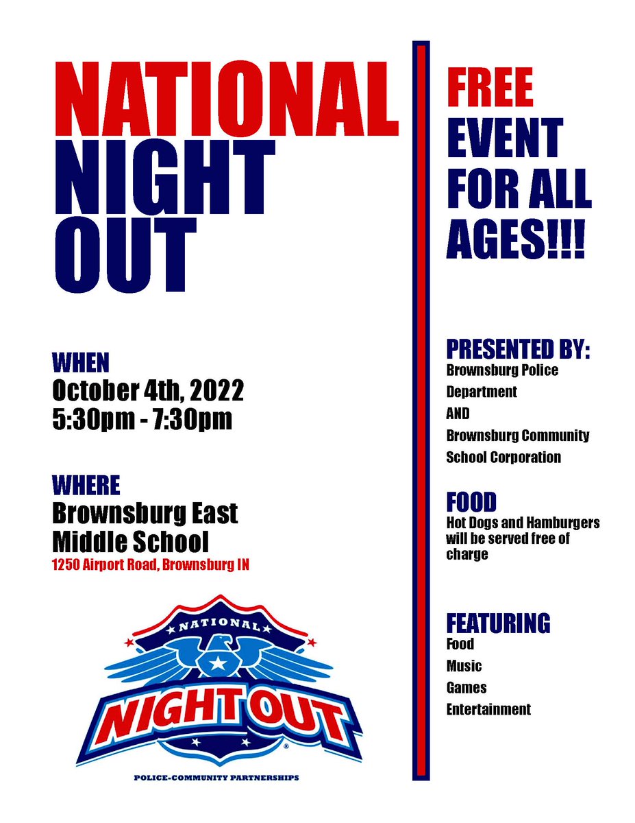 Would your business or organization like to participate in this year's National Night Out? Our annual event is a Free evening of information, entertainment, food and fun! If you have any questions email - kcummins@brownsburgpolice.org 
To apply -
laserfiche.brownsburg.org/.../NationalNi…...