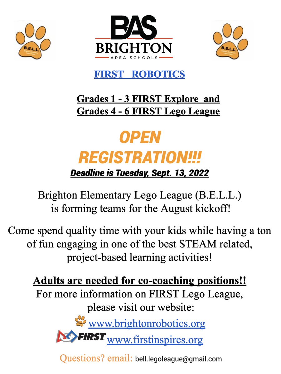 Registration for the Fall 2022 FIRST Lego League for students in Grades 1-6 is OPEN now until Sept 13th!

Visit brightonrobotics.org for more information and to register your interest.