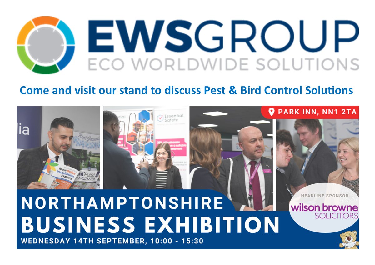 EWS_PestControl's tweet image. COME AND VISIT US. Put a note in your diary as we are exhibiting at the Northamptonshire Chamber of Commerce Business Exhibition, 14th September, 10am - 3.30pm, Park Inn, NN1 2TA.
Chat about pest and bird control solutions and at the very least grab some freebies to take home.