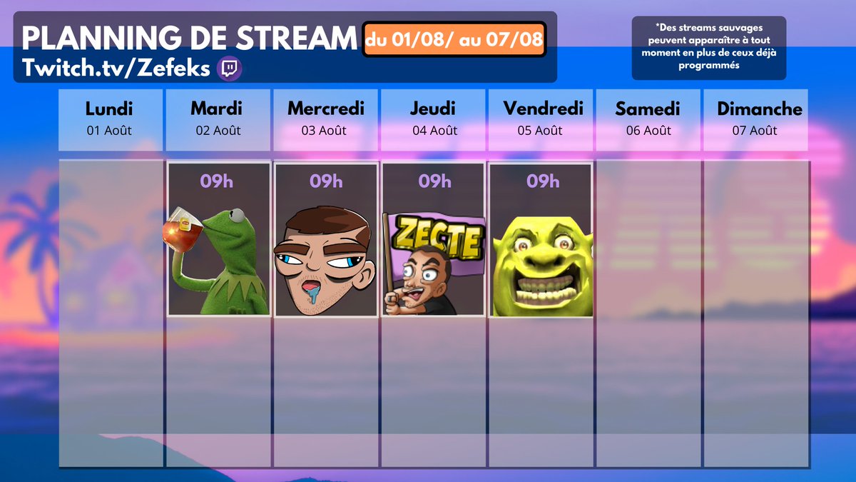 Bonsoir bonjour,
Planning des plannings avec le retour des matinales pour votre plus grand plaisir… Jeudi et vendredi peut-être une modification d'horaire à prévoir 🥸❤️

Twitch.tv/Zefeks 🏴