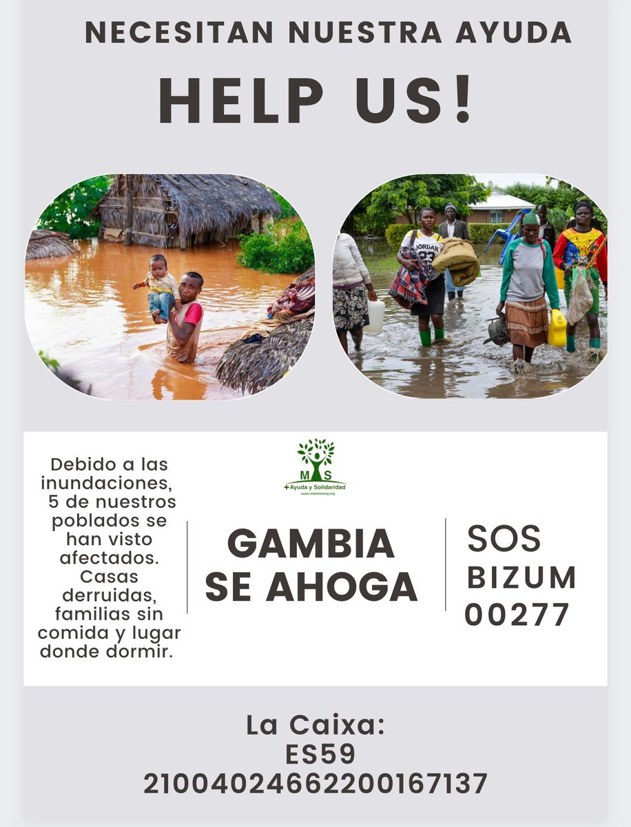 Después de todo vivido, nos parte el corazón oir lo que ahora están pasando! #Gambia Inundaciones tremendas.
Os pedimos ayuda, que por muy poquito que sea, siempre es mucha.
En Gambia, con muy poco puedes hacer mucho! Cualquier ayuda es necesaria.
!!!PLEASE HELP US!!!
BIZUM 00277