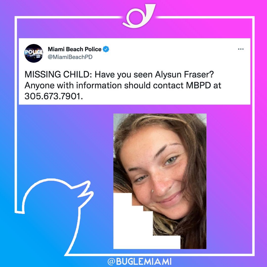 BugleMiami's tweet photo. According to @MiamiBeachPD, Alysun Fraser was last seen along the 1200 block of 17th Street, at around 2 p.m. on Friday, after she told her legal guardian that she was going to apply to jobs on Lincoln Road.

#BugleMiami #MiamiNews https://t.co/CcsmGy78TW