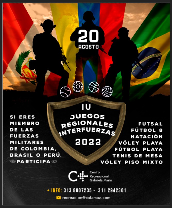 cafamaz's tweet photo. ¿Eres miembro de las fuerzas militares o armadas de 🇧🇷 Brasil, ��🇪 Perú o 🇨🇴Colombia?

Está es la oportunidad de demostrar el potencial deportivo ⚽🏐🏓🏊

Inscripciones y mayor información 📲 313 890 7235 - 311 294 2301

#CafamazTeDáMás
#CafamazMásDeporte https://t.co/vq5cdPgs1U