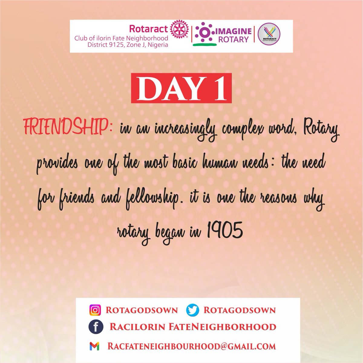 rotagodsown's tweet photo. FRIENDSHIP . In an increasingly complex world, Rotary provides one of the most basic human needs: the need for friends and fellowship. It is one of the two reasons why; Rotary began in 1905.
#MembershipMonth
#MembershipExtention
#MembershipRetention
Reason to join Rotaract https://t.co/sJpLEX250o