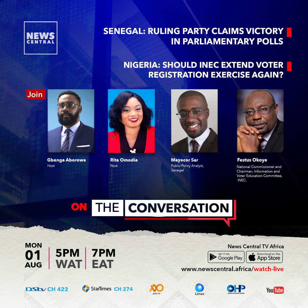 NewsCentralTV's tweet photo. Welcome to the new era of #TheConversation on DSTV. Today, we will discuss the victory claim by Senegal's ruling party, and proffer answers to the question: Should INEC extend voters registration again?
#AfricaFirst #NewsCentralTV #NewsCentralonDSTV #DSTVChannel422 #Channel422 https://t.co/6aLNqbb68P