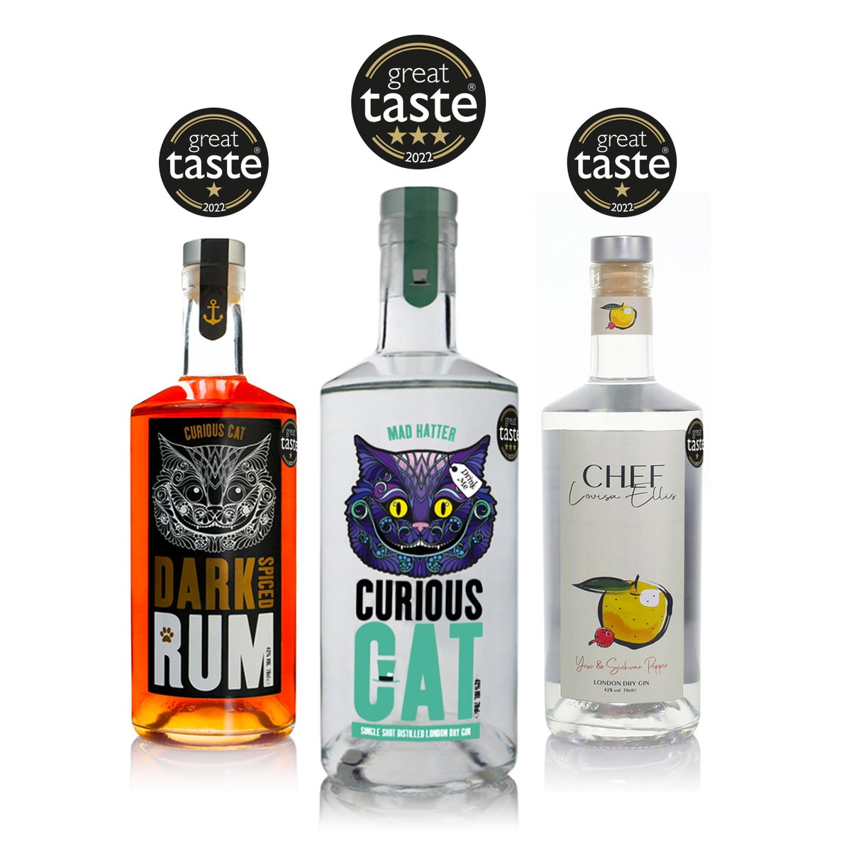 AND THE WINNERS ARE...
For the second year running we have scooped more Great Taste Awards! 😻🙌

Our Dark Spiced Rum &amp; Collab with <a href="/cheflouisaellis/">Louisa Ellis</a>  bagged one star GTAs ⭐
But best of all - Mad Hatter won a three star GTA! ⭐⭐⭐

#GTA #greattaste #greattasteaward #curiouscat