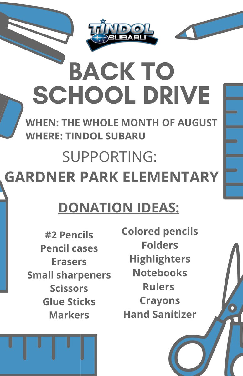 Visit us at Tindol Subaru and help us fill the back of a Subaru with goodies to help kids right here in our community!! 

#tindoltown #tindolsubaru #backtoschool #schoolsupplies #gastonianc