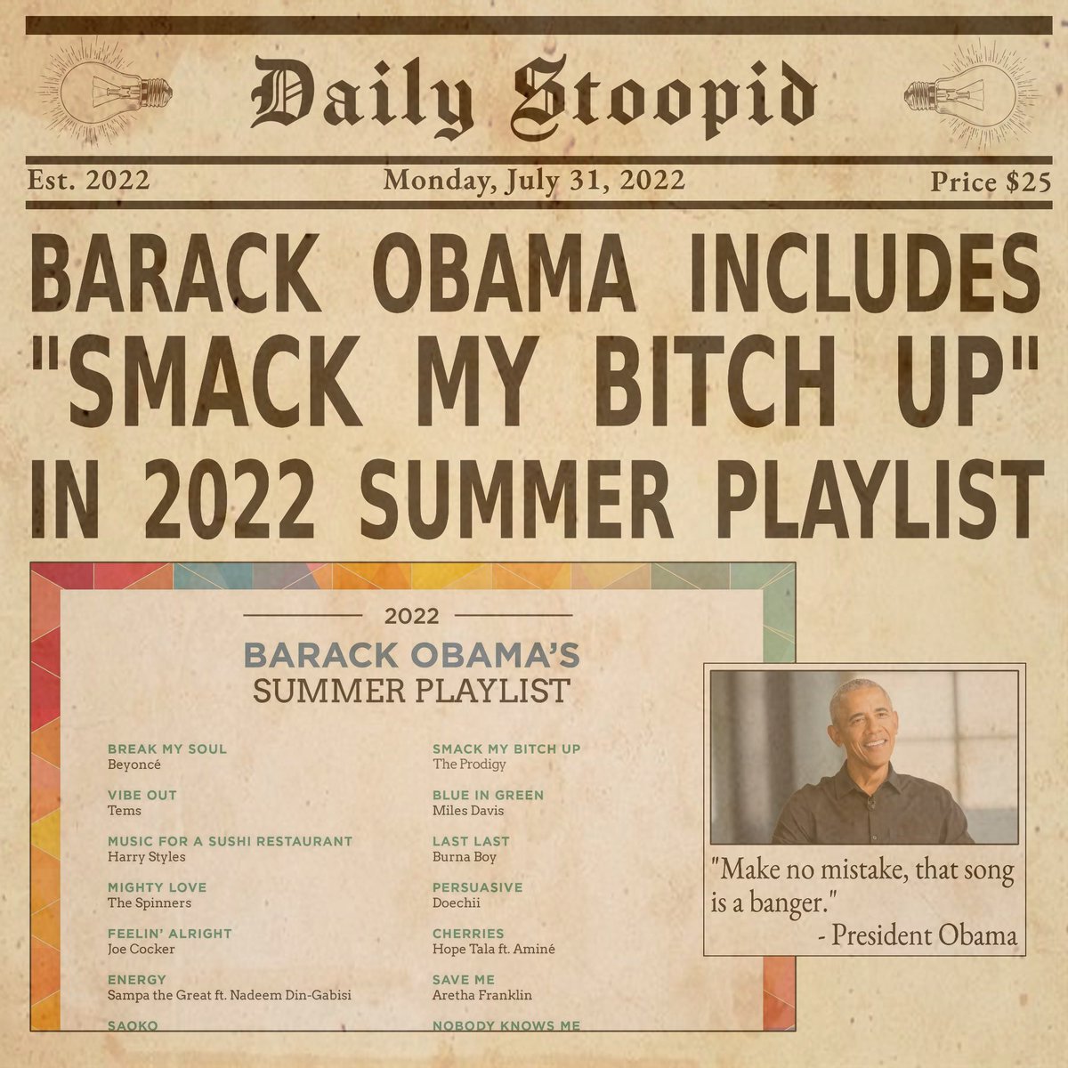daily_stoopid's tweet photo. Follow @daily_stoopid for more political news updates!
#sumerplaylists #barakobama #obamaplaylist2022 #obamaplaylist #satire #satirenews #satirical #satiricalheadlines #comedynews https://t.co/Fi9riKwmns