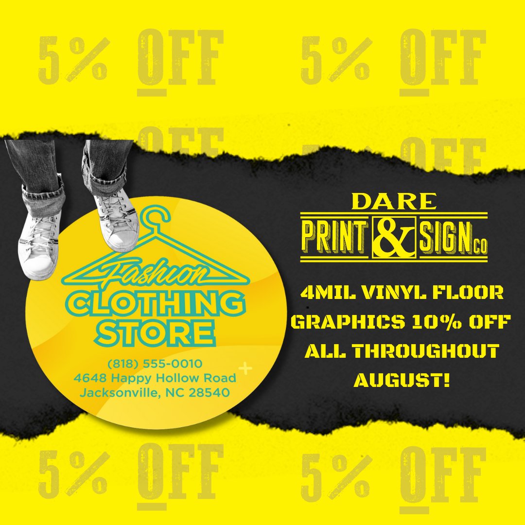 DAREPrintCo's tweet photo. DARE Print &amp; Co., offers 5% Off on 4mil Vinyl Floor Graphics. Advertise your business in a creative way with our 4mil Removable Adhesive Vinyl.
-
Looking to advertise your business?⠀
Email 📧 : info@dareprint.com⠀
Call now 📲 : 719-270-1008⠀
Visit us at 🌐:  ... https://t.co/Y0Nu5eapRX