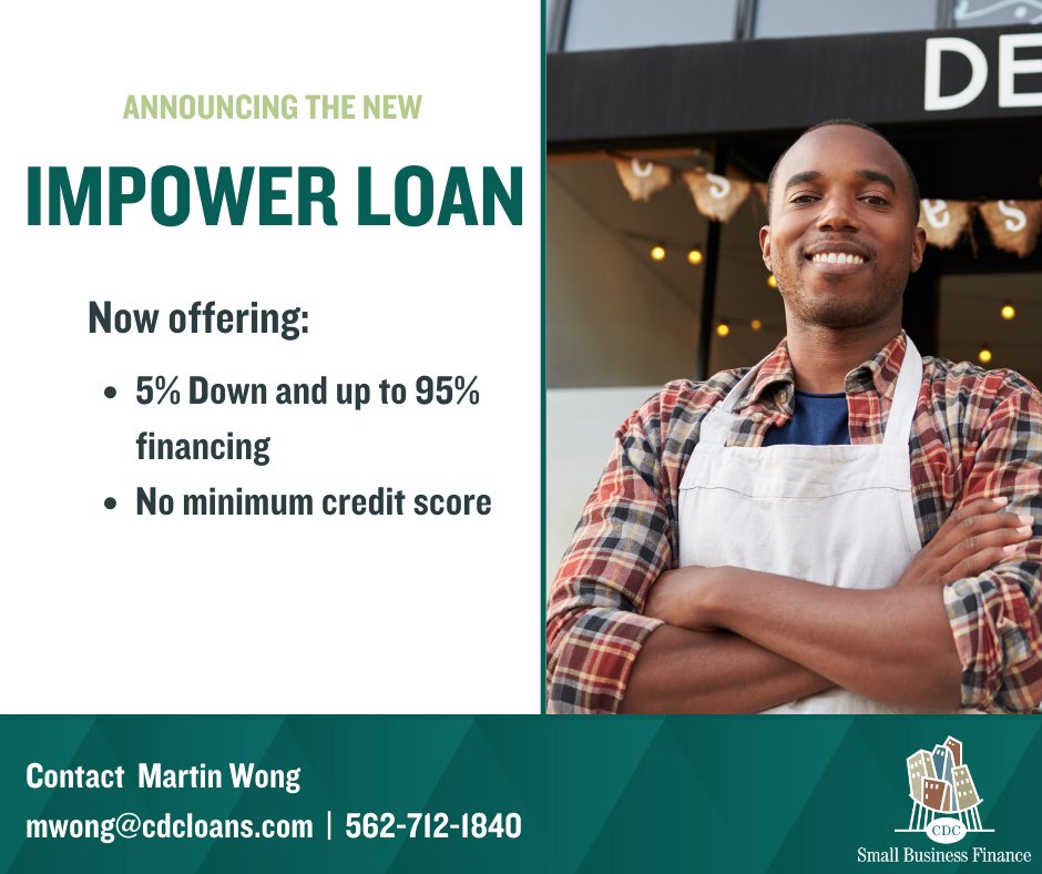 CDC_Loans's tweet photo. JUST LAUNCHED: @CDC_Loans Impower loan offers up to 95% financing and no minimum credit score for those business owners who don’t qualify for an #SBA504 loan. A flexible and affordable way for small business owners to buy real estate: https://t.co/654kR6O4Sz. #impowerloan https://t.co/nuv9OhHJU7