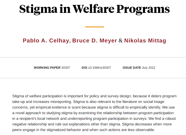 nberpubs's tweet photo. Evidence of a negative relationship between program participation in a welfare recipient’s local network and underreporting program participation in surveys, from Pablo A. Celhay, Bruce D. Meyer, and Nikolas Mittag https://t.co/SUyEfI0gvD https://t.co/MDRDET82yP