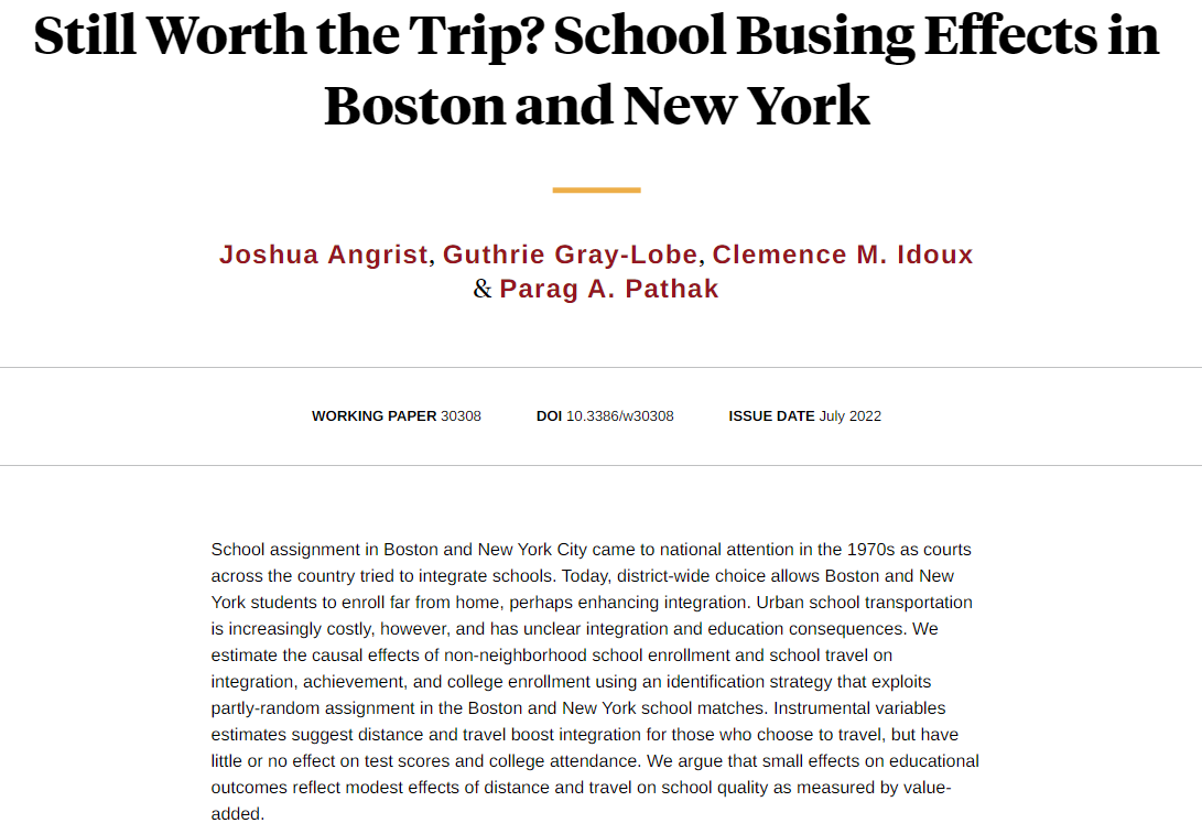 nberpubs's tweet photo. Analysis of non-neighborhood school enrollment and school travel finds distance and travel boost integration for those who travel, but have little or no effect on test scores and college attendance, from @metrics52, Gray-Lobe, Idoux, and @prof_parag https://t.co/5rBgisS7u6 https://t.co/1DFZG48oz5