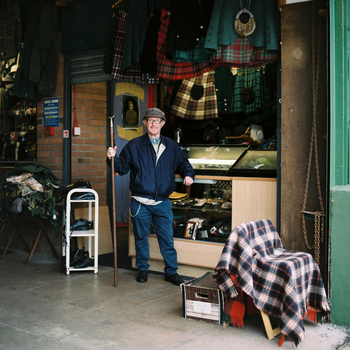 Tony, Barras Market, July 2022. 

Tony was a welder on the shipyards for most of his life, before he took early retirement. He then started working at a stall in the market selling kilts. Although Tony is 80, you really wouldn’t think it as he’s so lively &amp; chatty. Lovely chap.