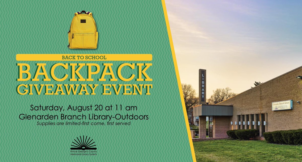 Join the Glenarden Branch Library on August 20 at 11AM. School supplies, backpacks, refreshments, bottles of water, and chips will be given to kids in grades K-12, While supplies last!