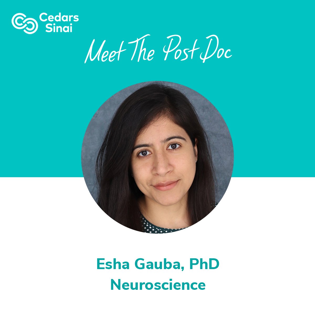 CedarsSinaiMed's tweet photo. #MeetOurPostDocs! Esha Gauba, PhD, is a postdoc #neuroscientist utilizing multiomics and #StemCell technology to identify key cellular and molecular modifiers of aging that lead to various neurodegenerative disorders, such as #ALS.

Read more 💬 https://t.co/9Muok8h5XT https://t.co/Uxbpzz0Ved