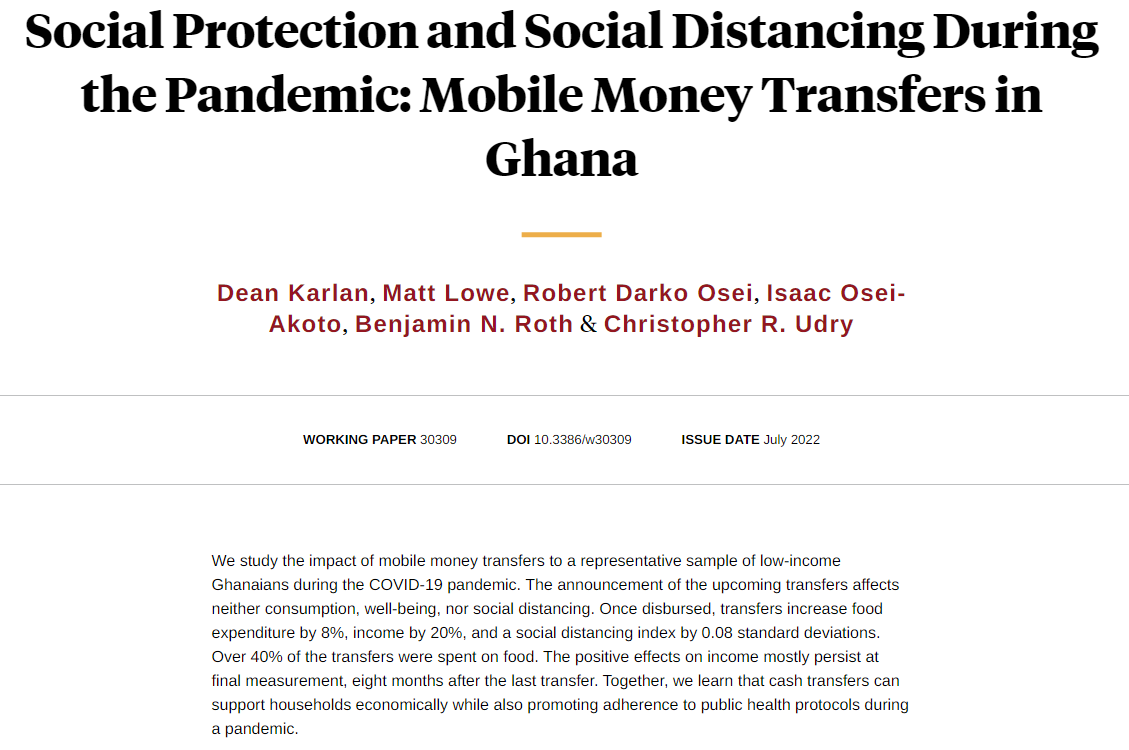 nberpubs's tweet photo. Experimental evidence that mobile money transfers in Ghana during COVID-19 increased food expenditure by 8%, income by 20%, and a social distancing index by 0.08 standard deviations, from @deankarlan, @hmmlowe, Darko Osei, Osei-Akoto, Roth, and @chrisudry https://t.co/Ru3QsVtNam https://t.co/rVX4uIOL7F