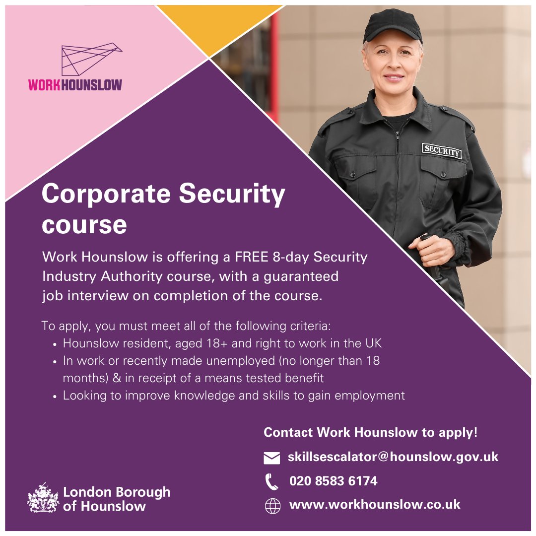LBofHounslow's tweet photo. #WorkHounslow is offering a free 8-day Corporate Security Industry Authority course, with a guaranteed #jobinterview on completion of the course.
You must meet all of the eligibility criteria.
📧skillsescalator@hounslow.gov.uk
📱02085836174
https://t.co/IIqdgo80o7
#Securitycourse https://t.co/11lF8nr5mI