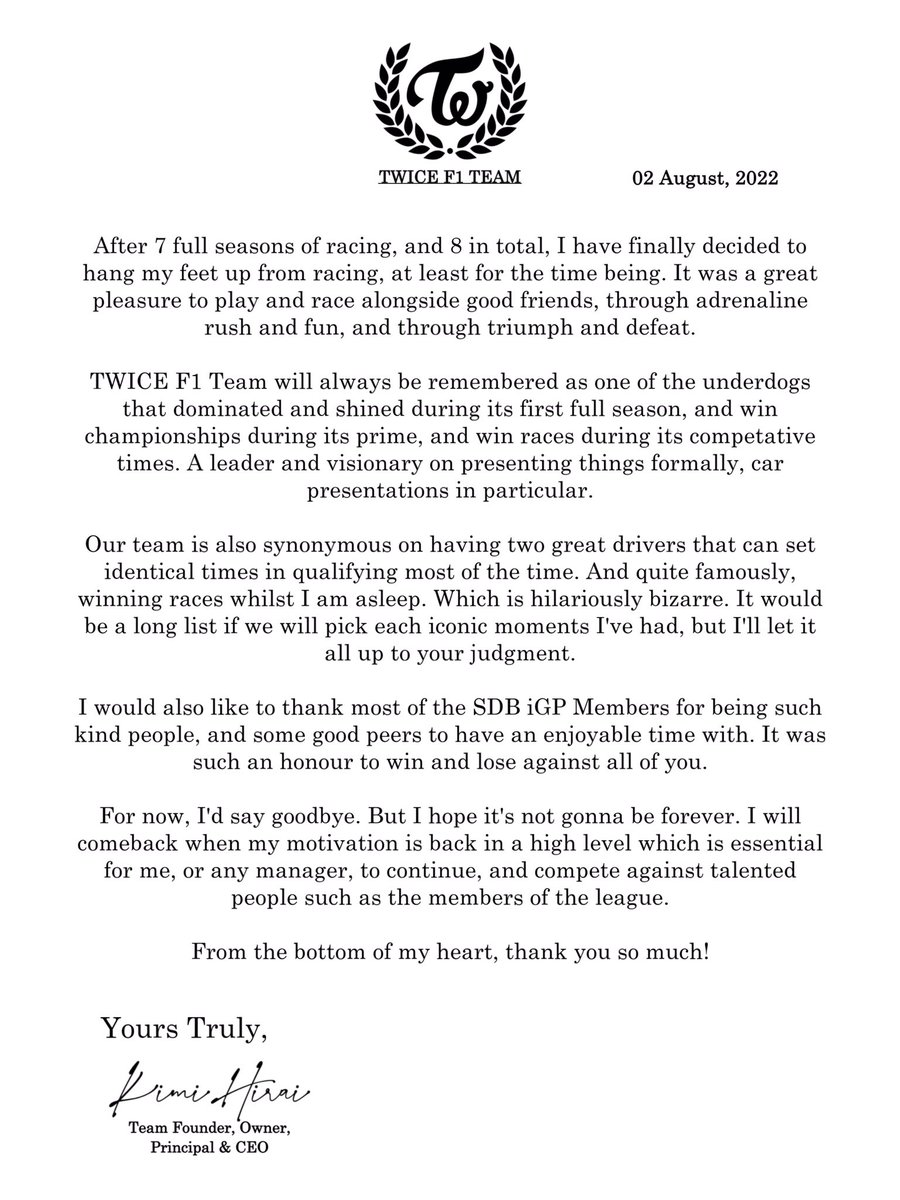 TwiceF1Team's tweet photo. An official statement regarding the team's withdrawal by the end of this season from our Team Principal. https://t.co/wCnuEanHH6