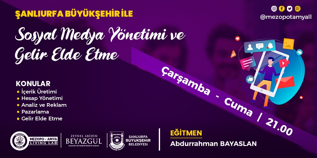 Sosyal medyada çok zaman geçiriyor ve bunu maddi kazanca dönüştürmek istiyorsanız, işi uzmanına danışacaksınız arkadaşlar.

Doğru adres; <a href="/mezopotamyall/">ŞBB | Mezopotamya Living Lab</a>. Eğitimimize bekliyoruz😉