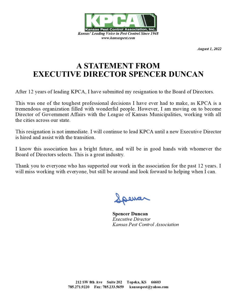 KSPestControl's tweet image. A STATEMENT FROM 
EXECUTIVE DIRECTOR SPENCER DUNCAN

After 12 years of leading KPCA, I have submitted my resignation to the Board of Directors. 

See attached statement.

#pestcontrol