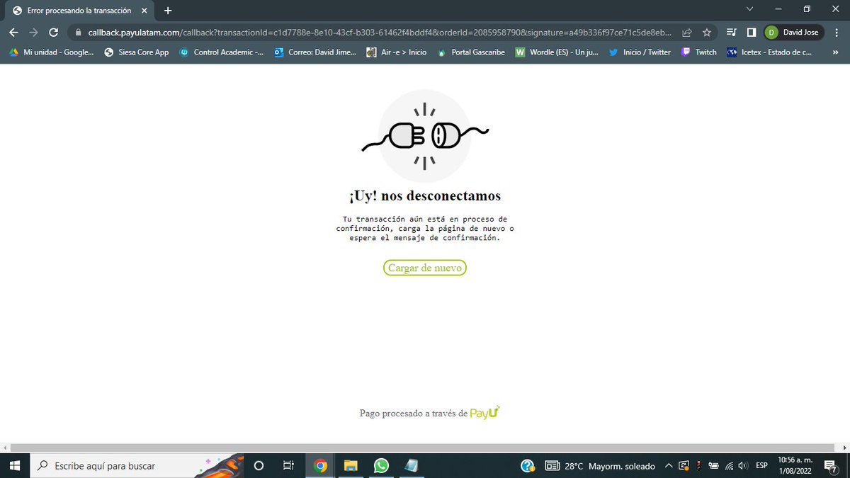 DavidJC30's tweet photo. @PayULatam al realizar un pago de un recibo de servicio publico se callo la pagina y salió lo que aparece en la imagen, se debito el dinero pero aun sale pendiente el pago. https://t.co/6i29vssetW