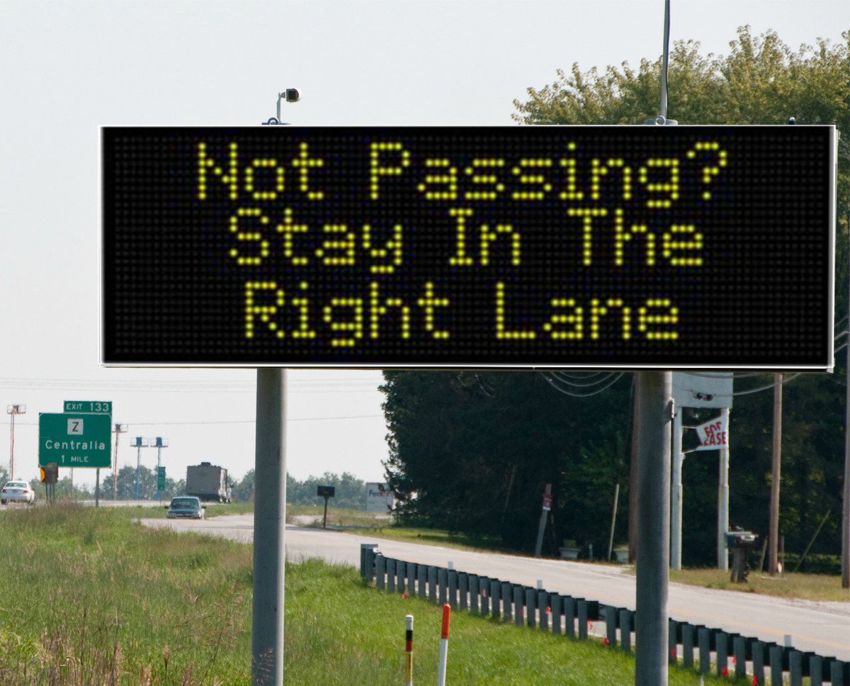 MoDOT's tweet image. A friendly reminder to drive on right, pass on left 😉