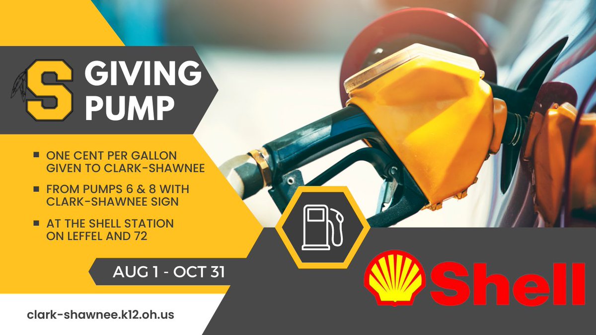 CSLocalSchools's tweet photo. ⛽ GIVING PUMP ⛽
The Shell on the corner of Leffel and 72 has partnered with Clark-Shawnee!

From August 1 through October 31 the Shell on Leffel and 72  will give one cent per gallon of gas pumped from pumps 6 and 8 to Clark-Shawnee. Look for the Shawnee signs on pumps 6 and 8. https://t.co/EfTjEp3SPY