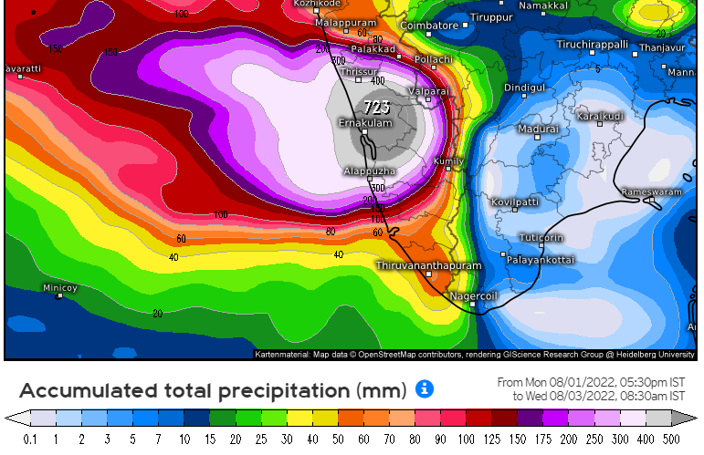 RainTracker's tweet photo. I know I sound like I am exaggerating, but weather models are showing CATASTROPHIC RAINS over Ernakulam, Thrissur and Idukki district

These rains will be fuelled by massive vorticity over Ernakulam district

I have never seen such dangerous weather charts in my life

#kerala https://t.co/Jx9a0yzoCz