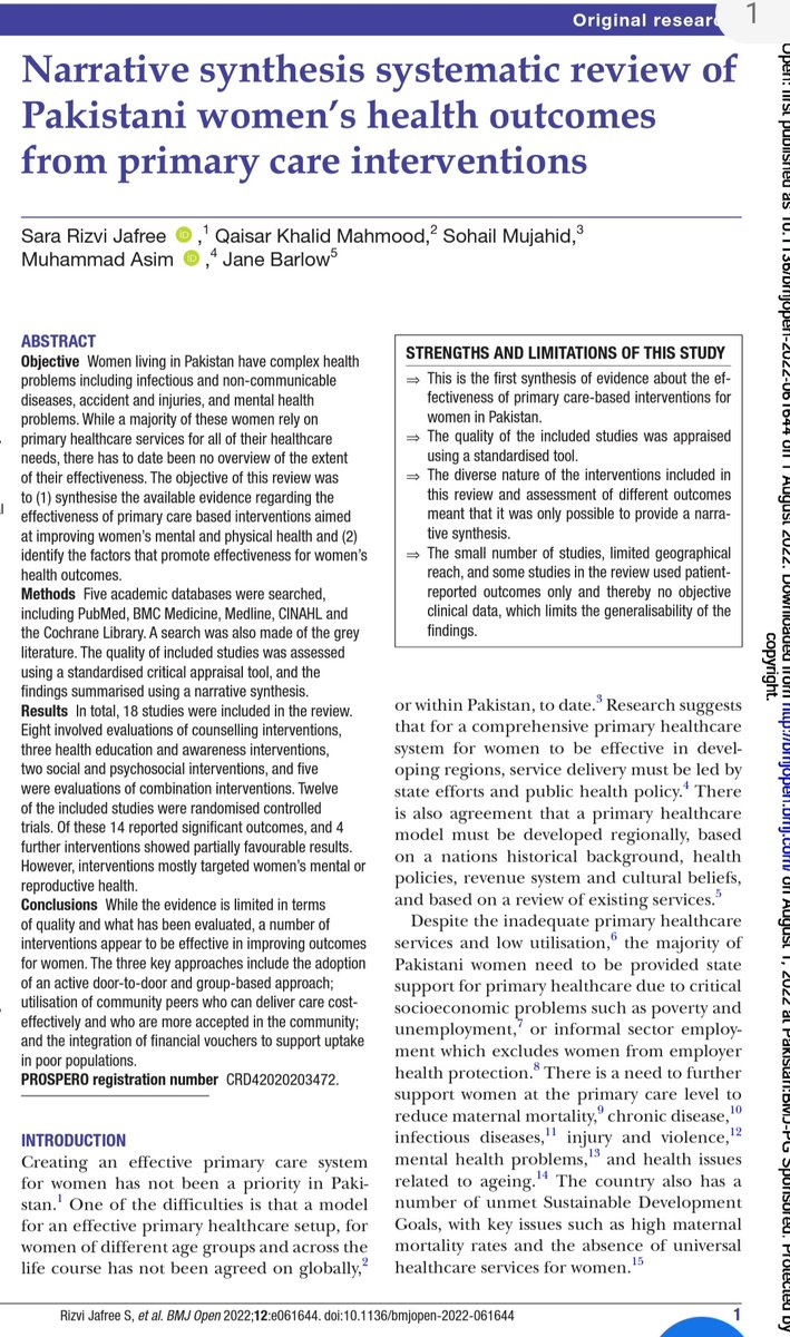 JafreeRizvi's tweet photo. Our systematic review of Pakistani women’s health outcomes from primary care interventions is online by @BMJ_Open...with key recommendations for improved efficacy &amp; supervised by Dr Jane Barlow @DSPI_Oxford 
@FCCollege https://t.co/Z4CY91gNTd https://t.co/TZiqogz8a5