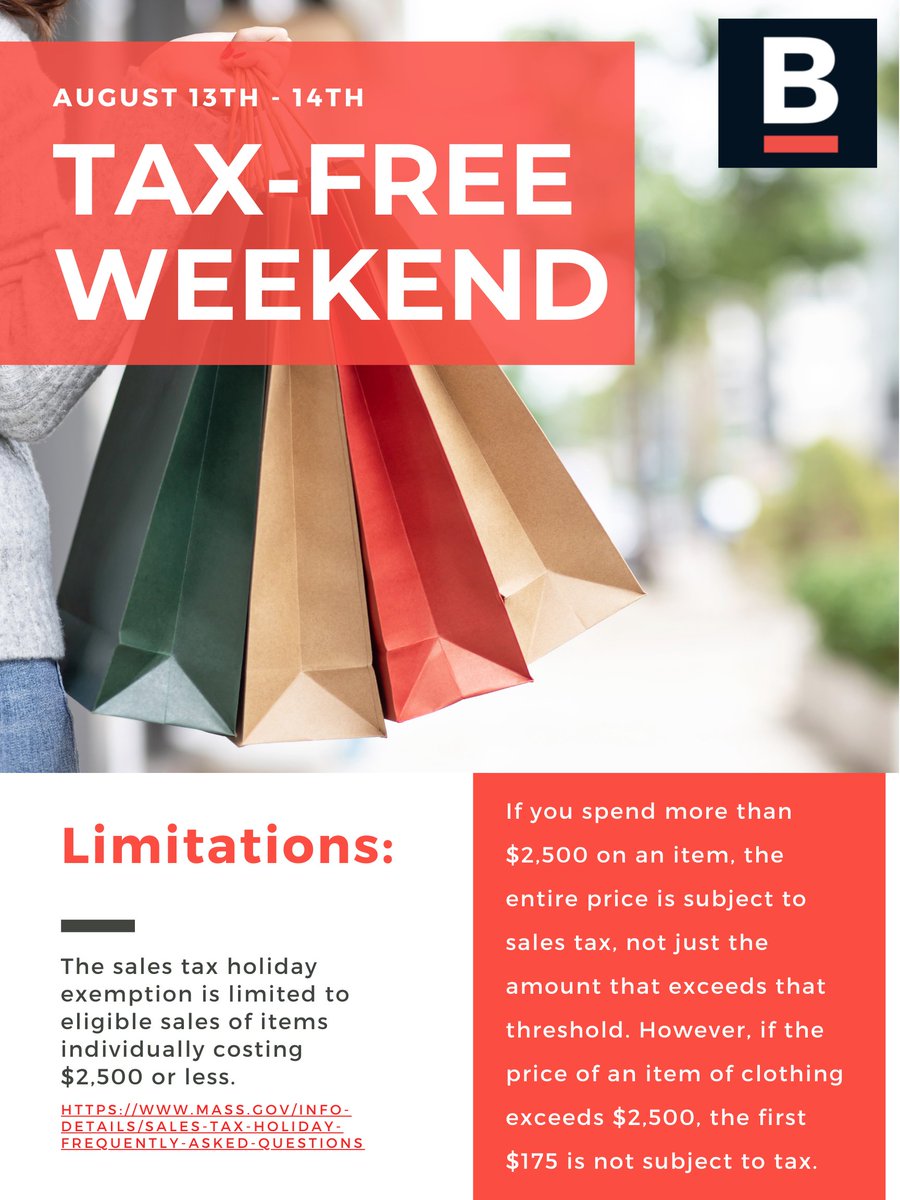 ConsumerBoston's tweet photo. Going to shop this Tax-Free Weekend? Only products under 2,500 dollars qualify for Tax-Free benefits. #CityofBoston #TaxFreeWeekend #TaxFree #ConsumerProtection #MOCAL https://t.co/0zoQfR65u3