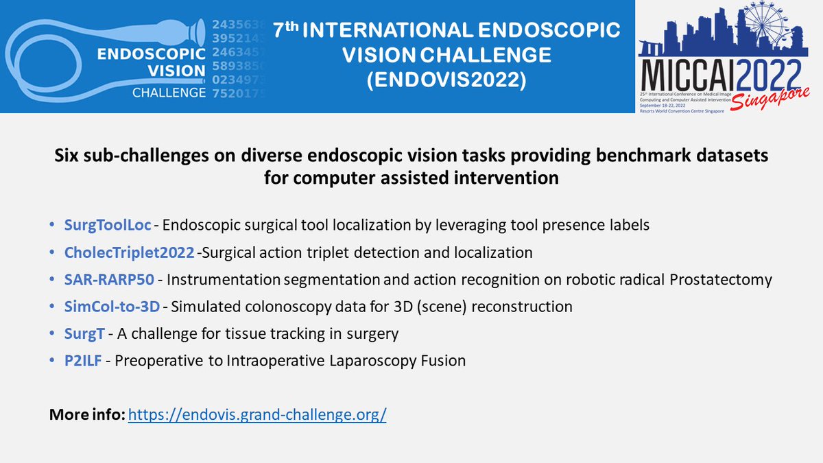 Endoscopic Vision (EndoVis) Challenge (@endo_vis) on Twitter photo There is still time to participate in the #EndoVis #MICCAI2022
Visit endovis.grand-challenge.org for info
<a href="/SpeidelStefanie/">Stefanie Speidel@NCTDresden</a> <a href="/lena_maierhein/">Lena Maier-Hein New: @lena-maier-hein.bsky.social</a> <a href="/DanStoyanov/">Dan Stoyanov</a> <a href="/annika_re/">Annika Reihl</a> <a href="/SophiaBano/">Sophia Bano</a> <a href="/CammaLab/">CAMMA</a> <a href="/WEISS_UCL/">WEISS</a> <a href="/ICLHamlynRobots/">The Hamlyn Centre</a> <a href="/IntuitiveSurg/">Intuitive</a> <a href="/vision_sharib/">@sharib</a> <a href="/MICCAI_Society/">MICCAI</a> #biomedicalchallenges There is still time to participate in the #EndoVis #MICCAI2022
Visit endovis.grand-challenge.org for info
<a href="/SpeidelStefanie/">Stefanie Speidel@NCTDresden</a> <a href="/lena_maierhein/">Lena Maier-Hein New: @lena-maier-hein.bsky.social</a> <a href="/DanStoyanov/">Dan Stoyanov</a> <a href="/annika_re/">Annika Reihl</a> <a href="/SophiaBano/">Sophia Bano</a> <a href="/CammaLab/">CAMMA</a> <a href="/WEISS_UCL/">WEISS</a> <a href="/ICLHamlynRobots/">The Hamlyn Centre</a> <a href="/IntuitiveSurg/">Intuitive</a> <a href="/vision_sharib/">@sharib</a> <a href="/MICCAI_Society/">MICCAI</a> #biomedicalchallenges