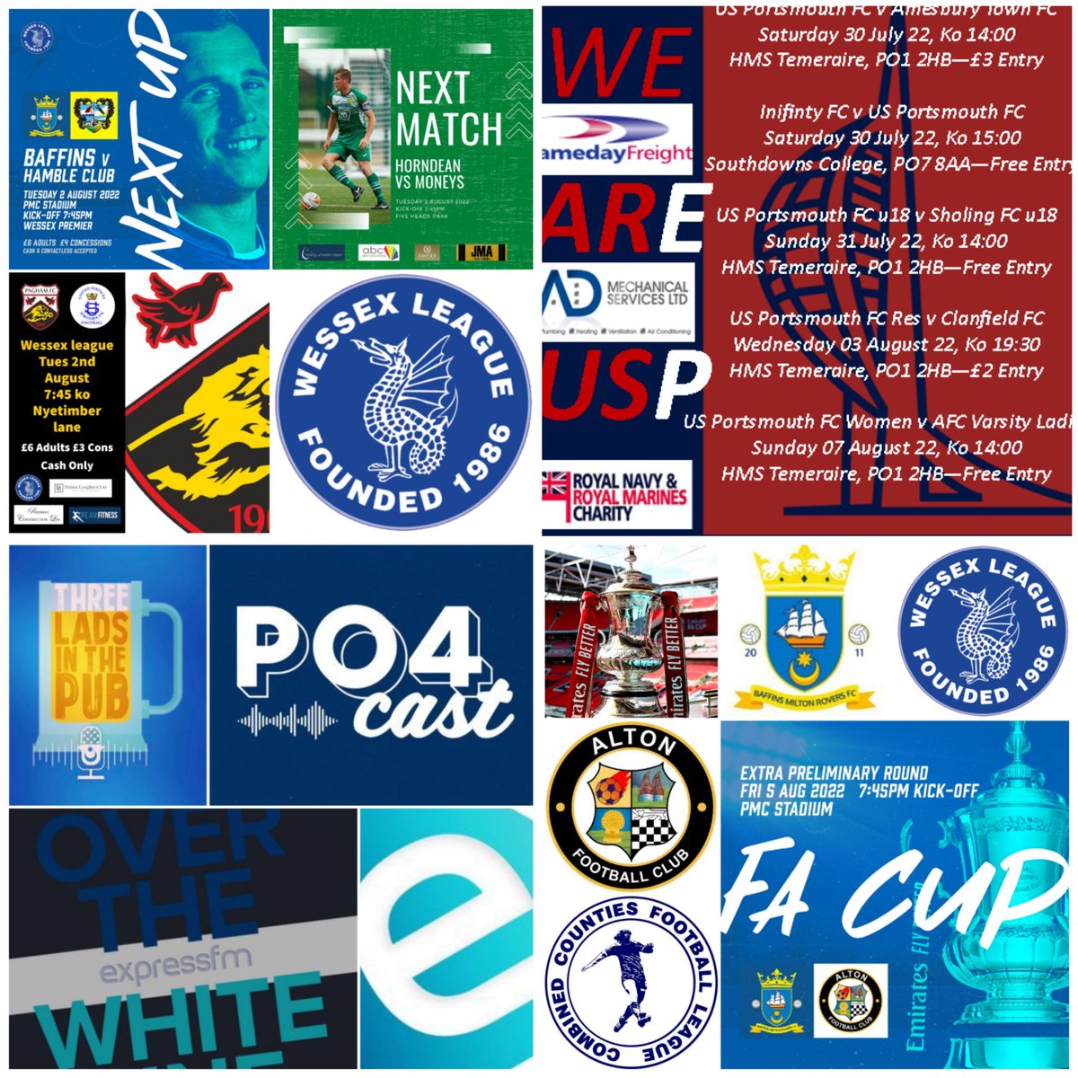 Pompey_Football's tweet photo. ⚽️ This Week ⚽️
.. it's time to play 👏
Mon: @3LadsInThePub #MNFH
Tue: @WessexLeague starts with @BMRFC (h) @MONEYFIELDSFC (a) @usportsmouthfc (a)
Weds: #FORZAUSP Res (h)
Thur: @PO4cast
Fri: #UpTheBaffs in @EmiratesFACup + #FNFH
#maybemore #allthebest 👍 https://t.co/1LUtGw2YsR
