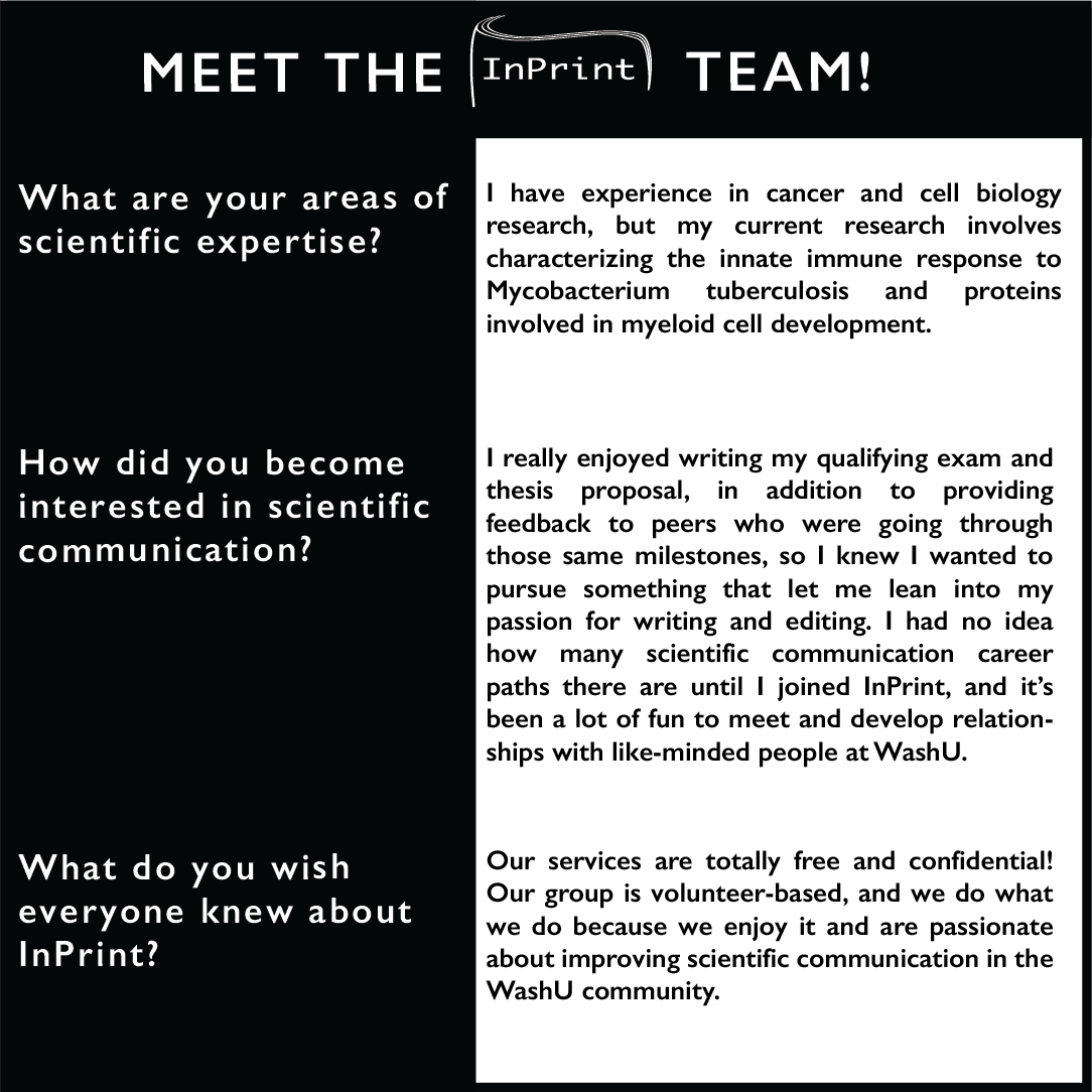 We have an #exciting announcement <a href="/InPrintWUSTL/">InPrint: A Scientific Communication Network</a>!

In the upcoming weeks, @skylervhendrix will be transitioning into the role of our #editor-in-chief! So, this is a perfect opportunity to introduce her for #MeetTheTeam Monday! Check it out! 👏

#teamwork #edit #scicomm