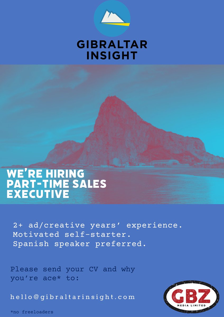 If you think you’ve got what it takes to be part of The Rock’s Longest Running Magazine … get in touch.

Over 400k online impressions a year, all from our 2.5 sq. mile Rock, to the world. #Gibraltar #Jobs 

Please share 🙏