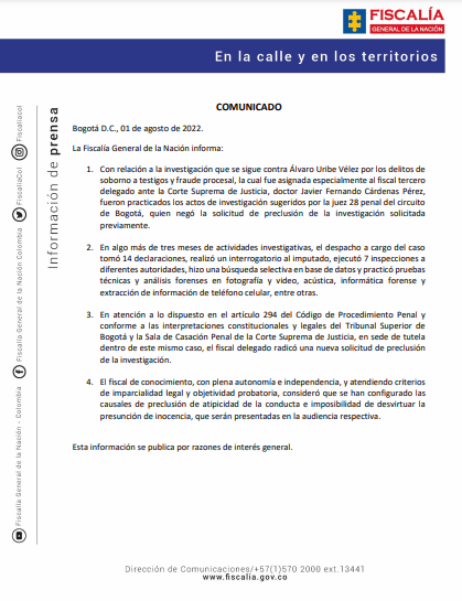 FiscaliaCol's tweet photo. #ATENCIÓN | Comunicado oficial de la #Fiscalía General de la Nación. https://t.co/ins4MgON8c