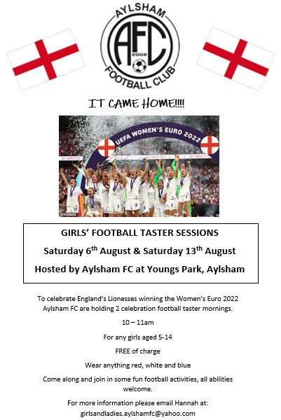 An exciting opportunity to follow in the footsteps of legends. Girls football taster sessions at Youngs Park.  Come along to learn new skills and meet new friends. <a href="/aylsham_fc/">Aylsham FC</a> <a href="/aylshamhigh/">Aylsham High</a> <a href="/BureValleySch/">Bure Valley School</a> <a href="/aylshamchurch/">aylsham parish church</a>