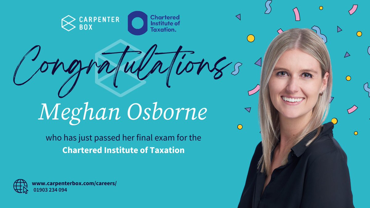 carpenterbox's tweet photo. There is no substitute for hard work and Meghan has proved that. Meghan has now passed her final exam for the #charteredinstituteoftaxation (CIOT). A huge achievement amongst a very difficult and specialist set of exams.
Well done Meghan!
#ciot #carpenterbox #cbxcareers https://t.co/y8GVMO6O9K
