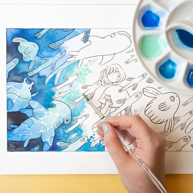 Printed on 300gsm cotton watercolor paper so it can be used with watercolors, colored inks and gouache! Also produces a nice grainy effect with colored pencils 🥰 
