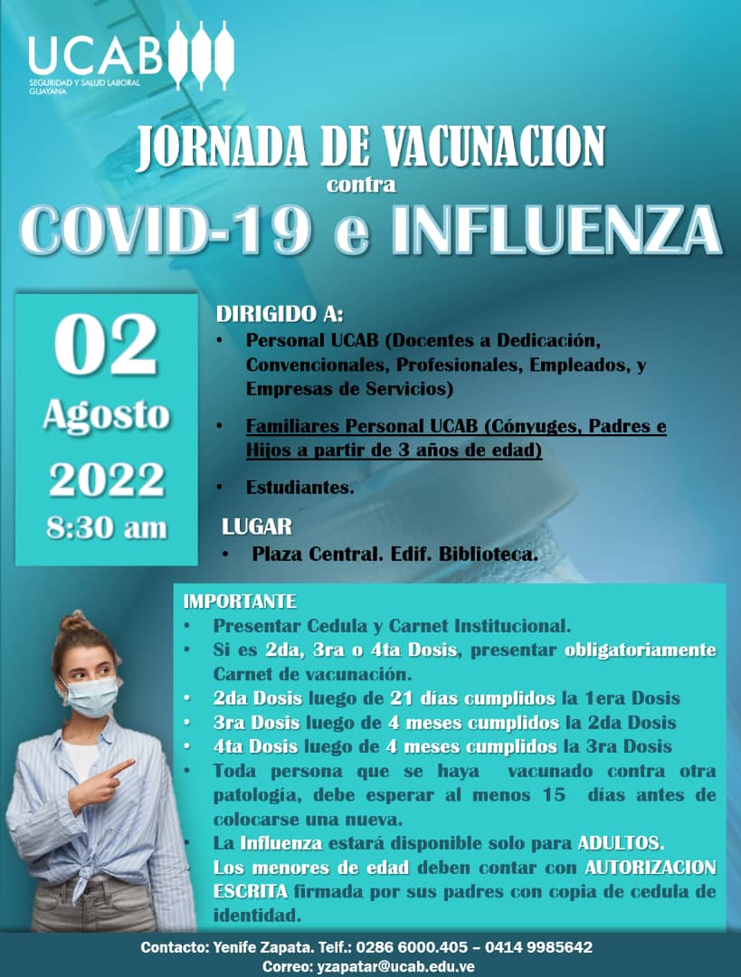 UcabGuayana's tweet photo. ¡Hey, ucabista! Recuerda que todavía debemos cuidarnos. ¡La pandemia aún no acaba! Por eso invitamos a toda la comunidad universitaria a participar en esta Jornada de #Vacunación contra la #Covid-19 y la #influenza.

¡No olvides tu carnet de vacunación! https://t.co/b6sTIrtFii
